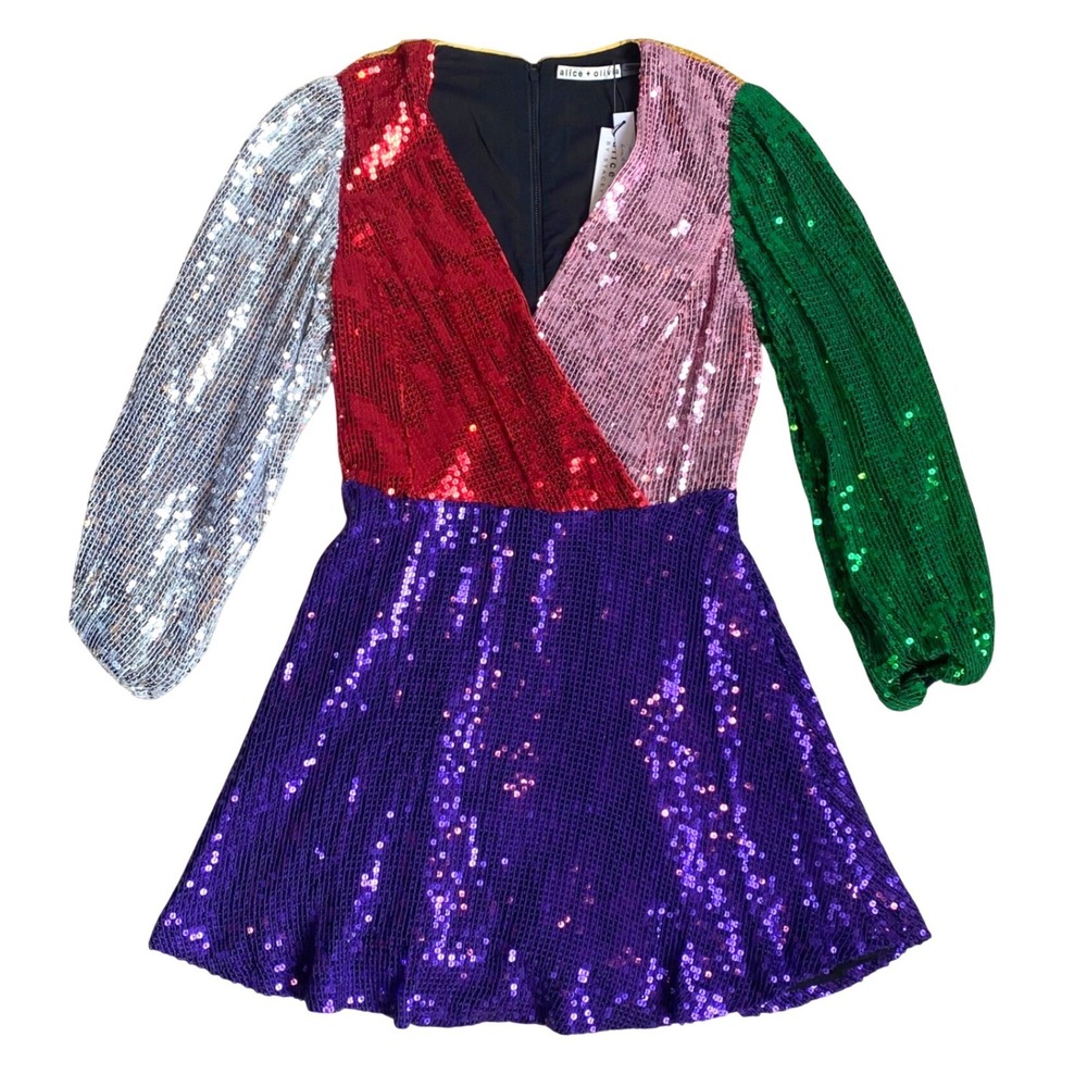 NEW NWT ALICE + OLIVIA Blaze Sequin Colorblock Long Sleeve Mini Dress SZ 4 Glam - Picture 6 of 11